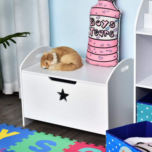 HOMCOM Kids Wooden Toy Box Organizer Children's Toy Storage with Lid Safety Hinge Side Handle Playroom Furniture White