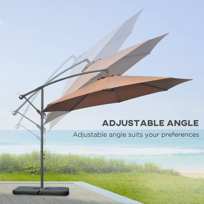 Outsunny 3(m) Garden Banana Parasol Cantilever Umbrella with Crank Handle, Cross Base, Weights and Cover for Outdoor, Hanging Sun Shade, Coffee