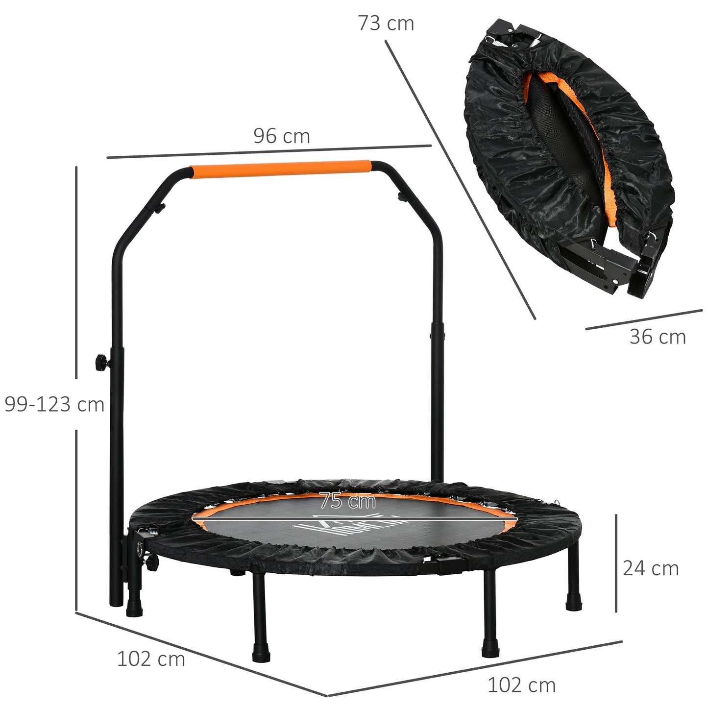 HOMCOM 40" Foldable Mini Trampoline Fitness Trampoline Rebounder for Adults w/ Adjustable Foam Handle, for Indoors, Outdoors, Cardio Training