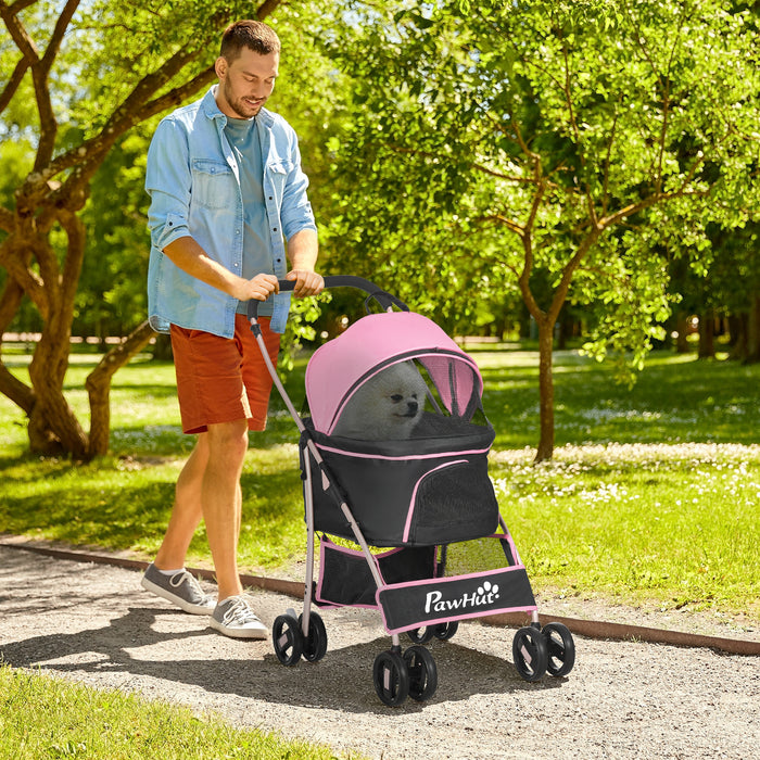 Detachable Pet Stroller, 3 In 1 Dog Cat Travel Carriage, Foldable Carrying Bag w/ Universal Wheels, Brake, Canopy, Basket, Storage Bag - Pink