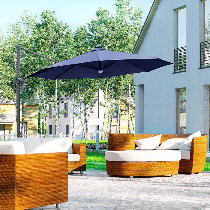 3(m) Cantilever Roma Parasol Garden Sun Umbrella Outdoor Patio with LED Solar Light Cross Base 360° Rotating, Blue