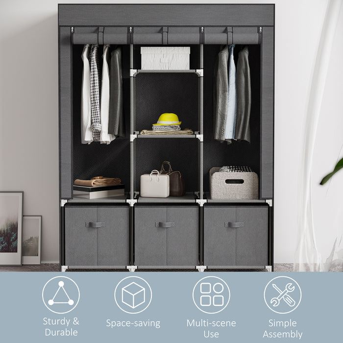 HOMCOM Fabric Wardrobe for Bedroom, Portable Wardrobe with 5 Shelves, 2 Hanging Rails and 3 Fabric Drawers, Foldable Closets, 125 x 43 x 162.5cm, Grey