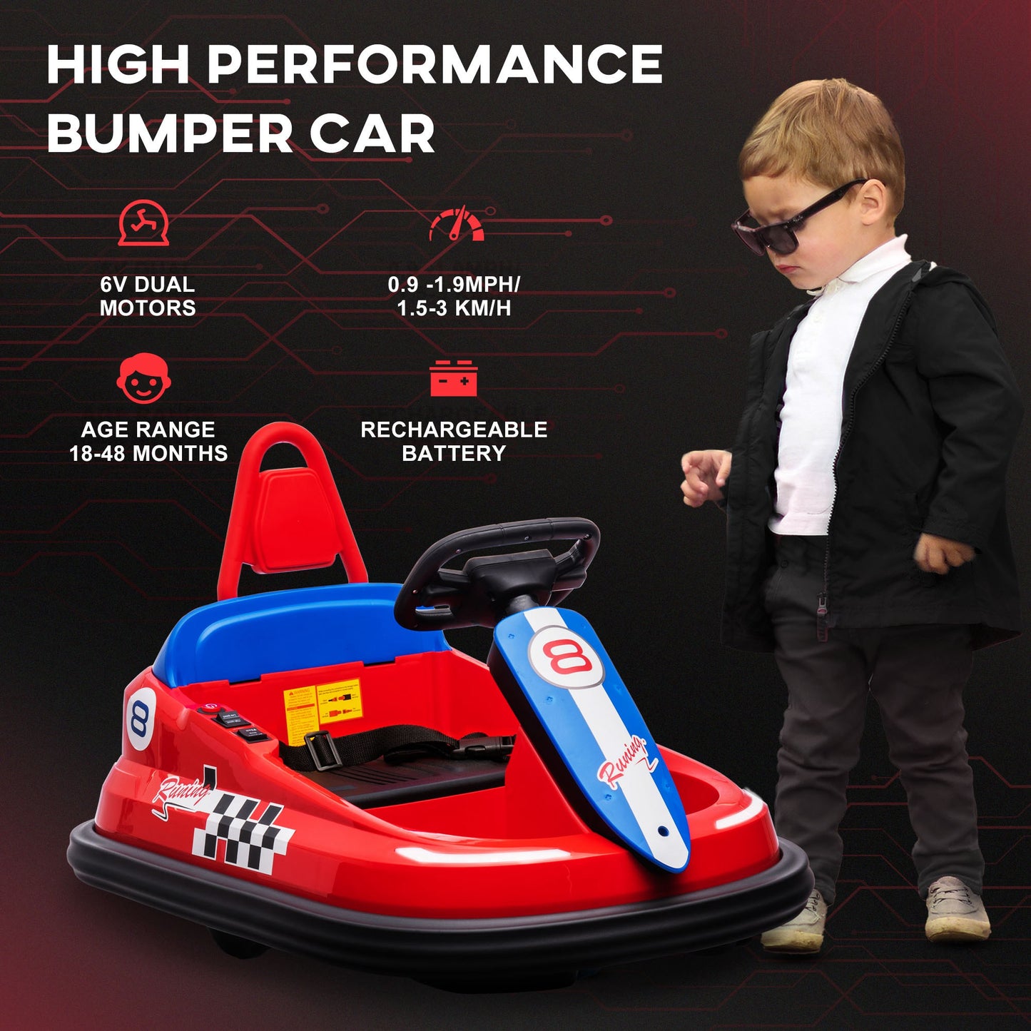 6V Electric Kids Bumper Car, 6V Spin Waltz Car, with Music, Horn, Lights - Red