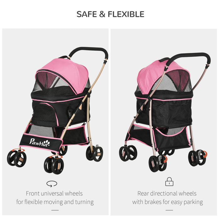 Detachable Pet Stroller, 3 In 1 Dog Cat Travel Carriage, Foldable Carrying Bag w/ Universal Wheels, Brake, Canopy, Basket, Storage Bag - Pink