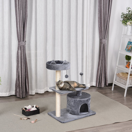 Mult Level Cat Tree for Indoor Cats with Scratching Post Bed Condo Perch, Kitten Climbing Tower, Grey 60L x 40W x 81H cm