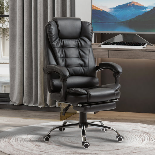 Executive Office Chair, All-round Adjustable PU Leather Home Office Chair with Swivel Wheels, Reclining Backrest, Retractable Footrest, Black