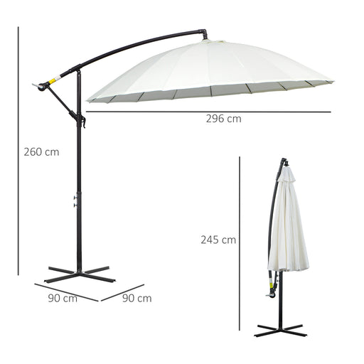 3(m) Cantilever Shanghai Parasol Garden Hanging Banana Sun Umbrella with Crank Handle, 18 Sturdy Ribs and Cross Base, Off-White