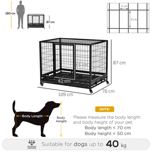 43" Heavy Duty Metal Dog Crate Pet Cage with Tray Wheeled Dog Kennel - Black (Large)