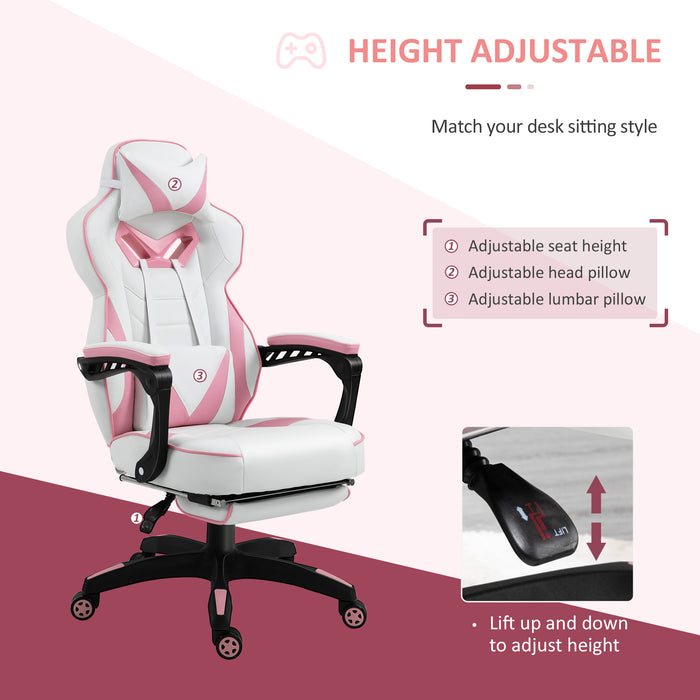 Ergonomic Racing Gaming Chair Office Desk Chair Adjustable Height Recliner with Wheels, Headrest, Lumbar Support, Retractable Footrest, Pink