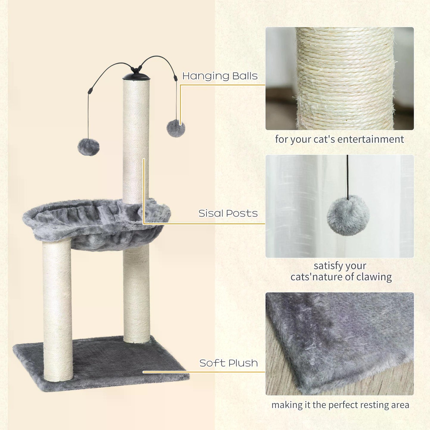 83cm Cat Tree Tower for Indoor Cats w/ Sisal Scratching Post Hammock Hanging Toy Activity Centre - Grey