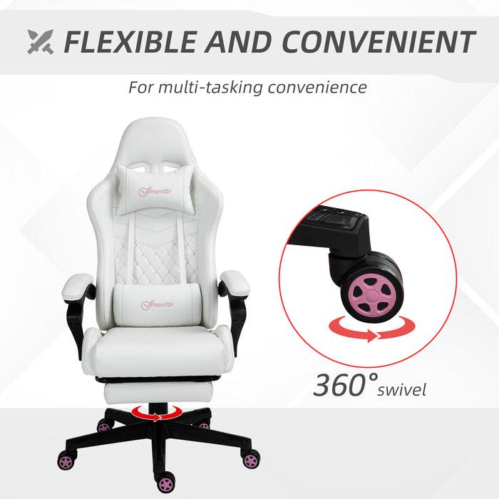 Racing Gaming Chair with Swivel Wheel, Footrest, PU Leather Recliner Gamer Desk for Home Office, White