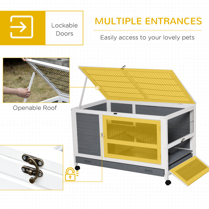 Wooden Rabbit Hutch Elevated Guinea Pig House Pet Bunny Cage with Slide-Out Tray Lockable Door Openable Roof Indoor 102 x 60 x 63.5cm Grey