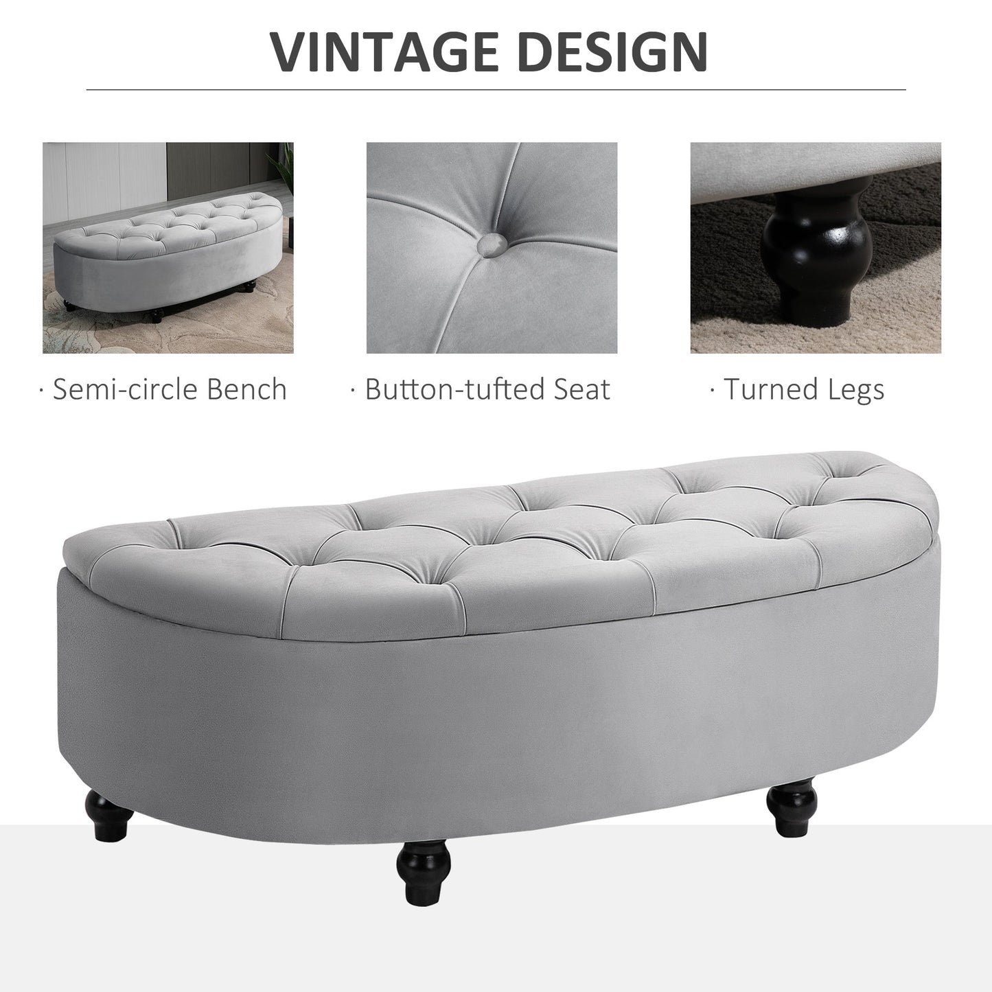 Semi-Circle Ottoman Storage Bench, Bed End Bench, Tufted Upholstered Window Seat Footrest