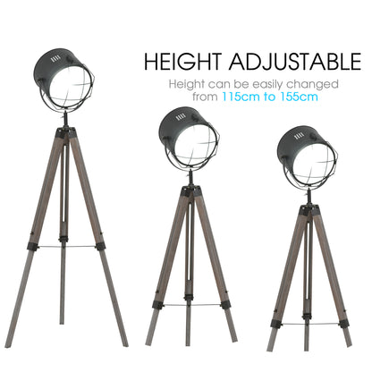 Industrial Style Tripod Floor Lamp for Living Room Bedroom, Vintage Spotlight Reading Lamp with Wooden Legs E27 Base