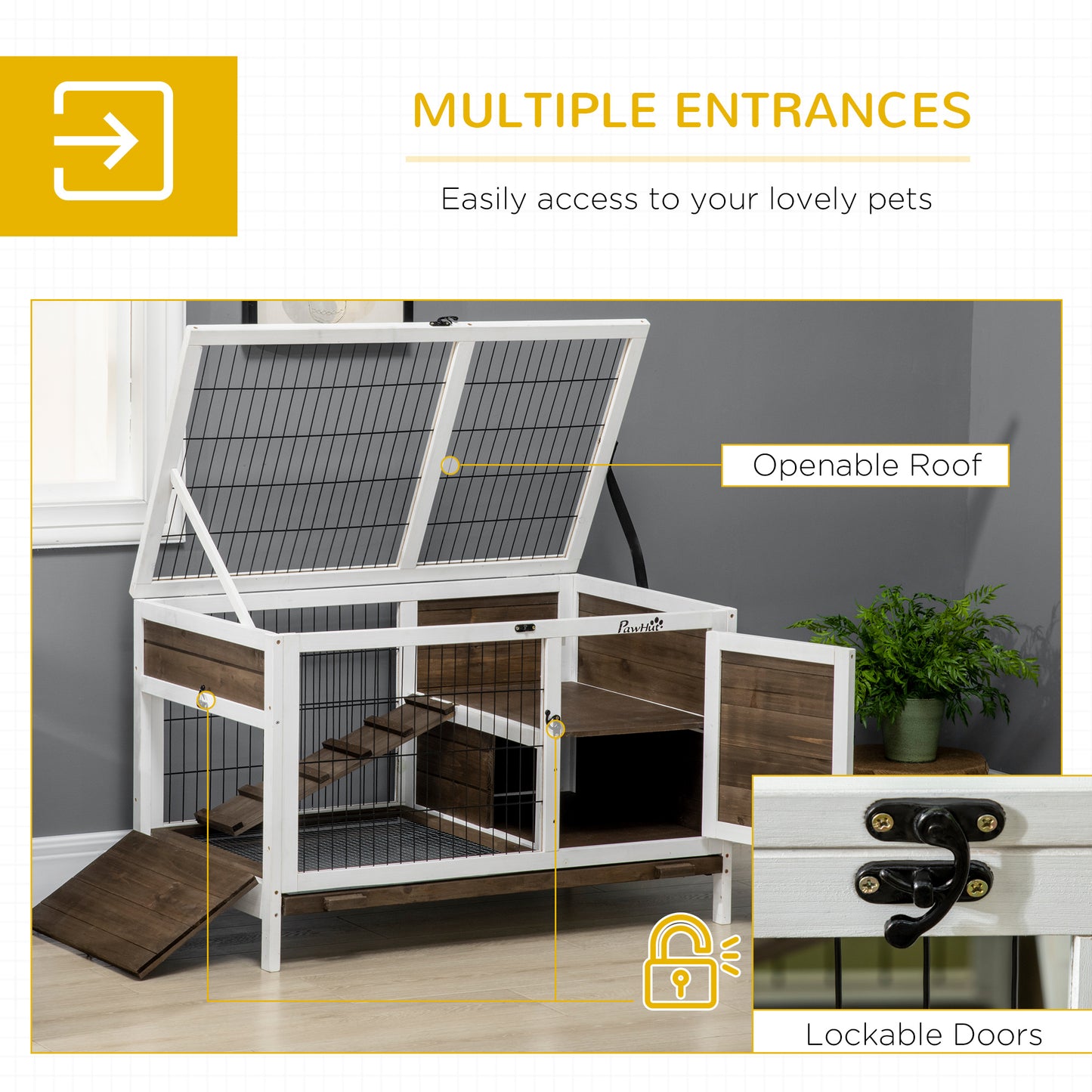 Wooden Rabbit Hutch, Elevated Guinea Pig Cage w/ Openable Roof, Ladder, Removable Tray, 90 x 53 x 87cm - Brown