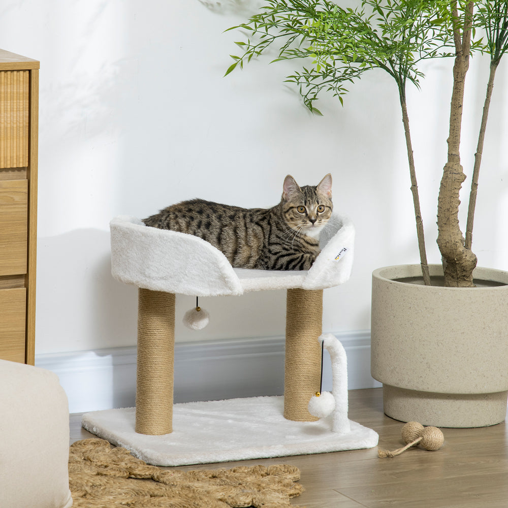 42cm Cat Tower for Indoor Cats, Kitten Play Tower, Cat Tree w/ Jute Scratching Post, Toy Balls 48 x 38 x 42cm - White