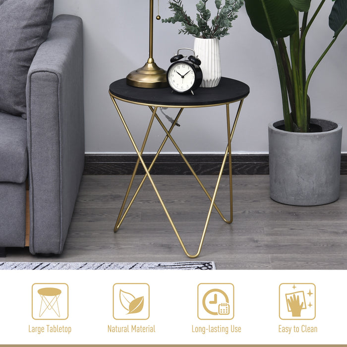 Wooden Metal Round Coffee Table Sofa End Side Bedside Table Modern Style Living Room Decor  - Black Gold Color (Φ43cm)