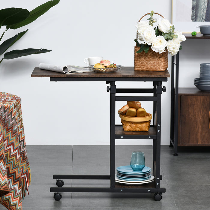 C-Shaped Side Table Industrial Mobile Rolling End Desk with 3-Tier Storage Shelving, Adjustable Height, Wheels