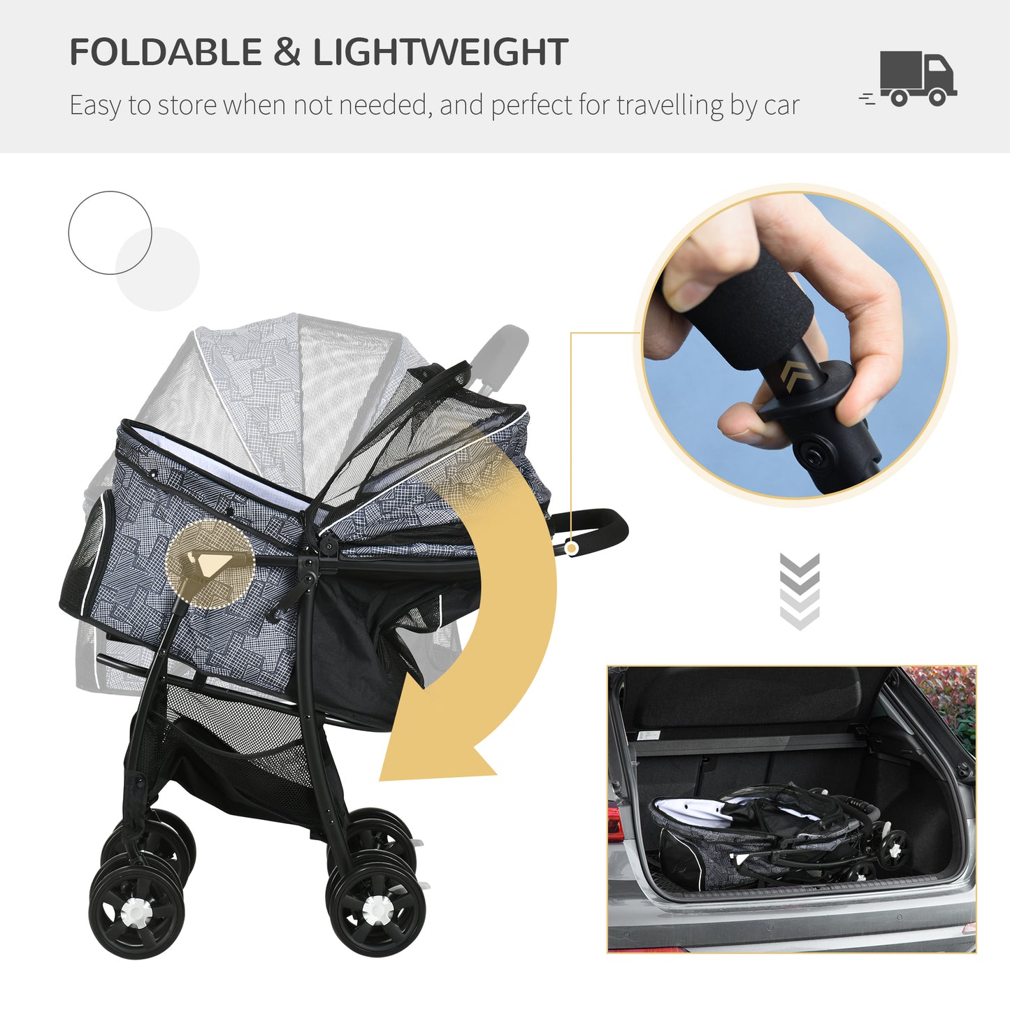 Pet Stroller Dog Pram Pushchair Cat Travel Carriage W/ Universal Wheels, Brake, Canopy, Storage Bag - Grey