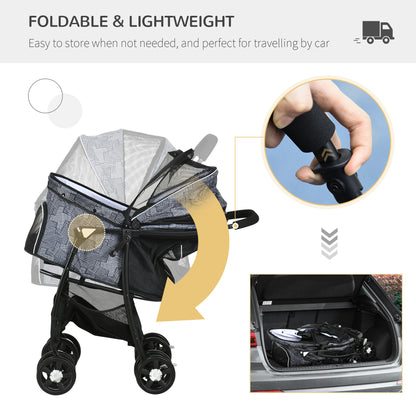Pet Stroller Dog Pram Pushchair Cat Travel Carriage W/ Universal Wheels, Brake, Canopy, Storage Bag - Grey