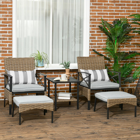 5 Piece PE Rattan Garden Furniture Set, 2 Armchairs,2 Stools, Steel Tabletop with Wicker Shelf, Padded Outdoor Seating, Grey
