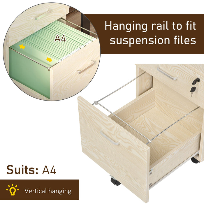 2-Drawer Locking Office Filing Cabinet w/ 5 Wheels Rolling Storage Hanging Legal Letter Files Cupboard Home Organisation Oak