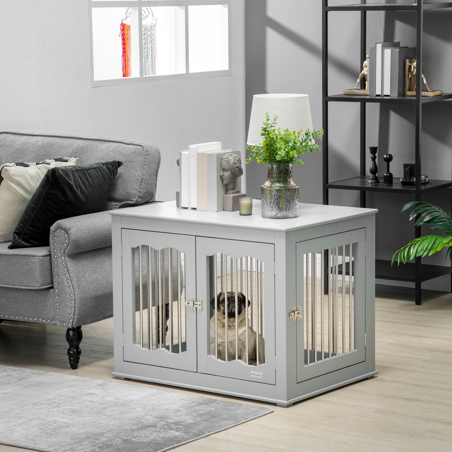 Dog Crate End Table w/ Three Doors, Furniture Style Dog Crate, for Medium Dogs, Indoor Use w/ Locks and Latches - Grey