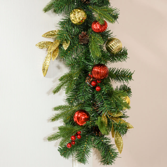 9ft Non-Lit Garland for Christmas Decorations Green Holiday Decor Artificial Greenery with Pine Cones, Colorful Balls, Leaves