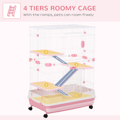 4-Level Small Animal Cage, Indoor Bunny House, for Ferrets, Chinchillas w/ Wheels, Slide-Out Tray, Pink, 81 x 52.5 x 114 cm