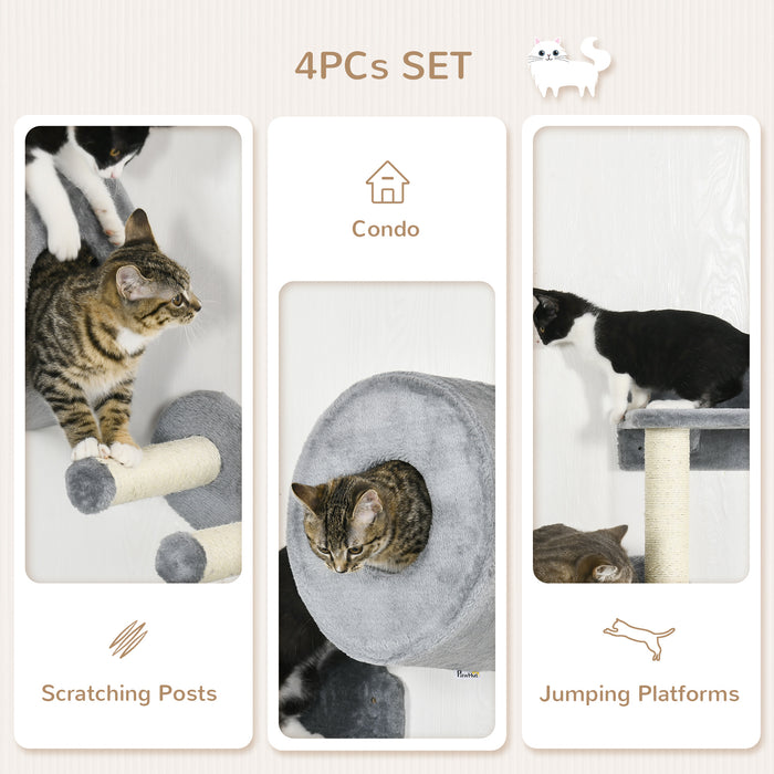 4PCs Wall Mounted Cat Tree Cat Wall Furniture with Platforms, Steps, Scratching Post, Perch, Cat Condo for Indoor Cat - Grey