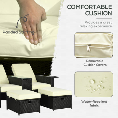 5PC PE Rattan Sun Lounger, Outdoor Wicker 5-level Adjustable Reclining  Bed with Storage Side Table and Footstools, for Patio, Garden, Poolside, Black