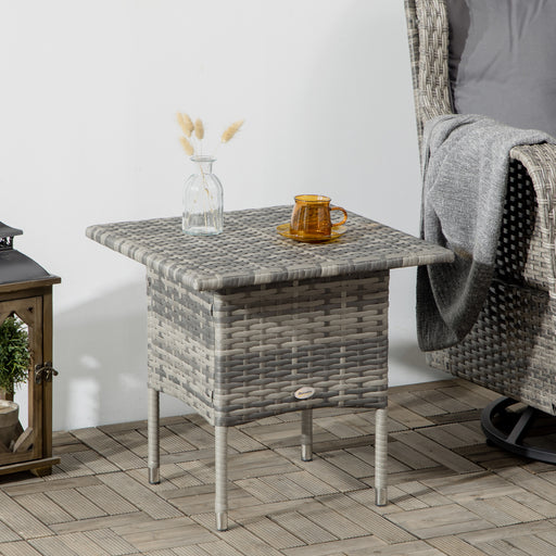 Outsunny Rattan Side Table, Outdoor Coffee Table, with Plastic Board Under the Full Woven Table Top for Patio, Garden, Balcony, Mixed Grey