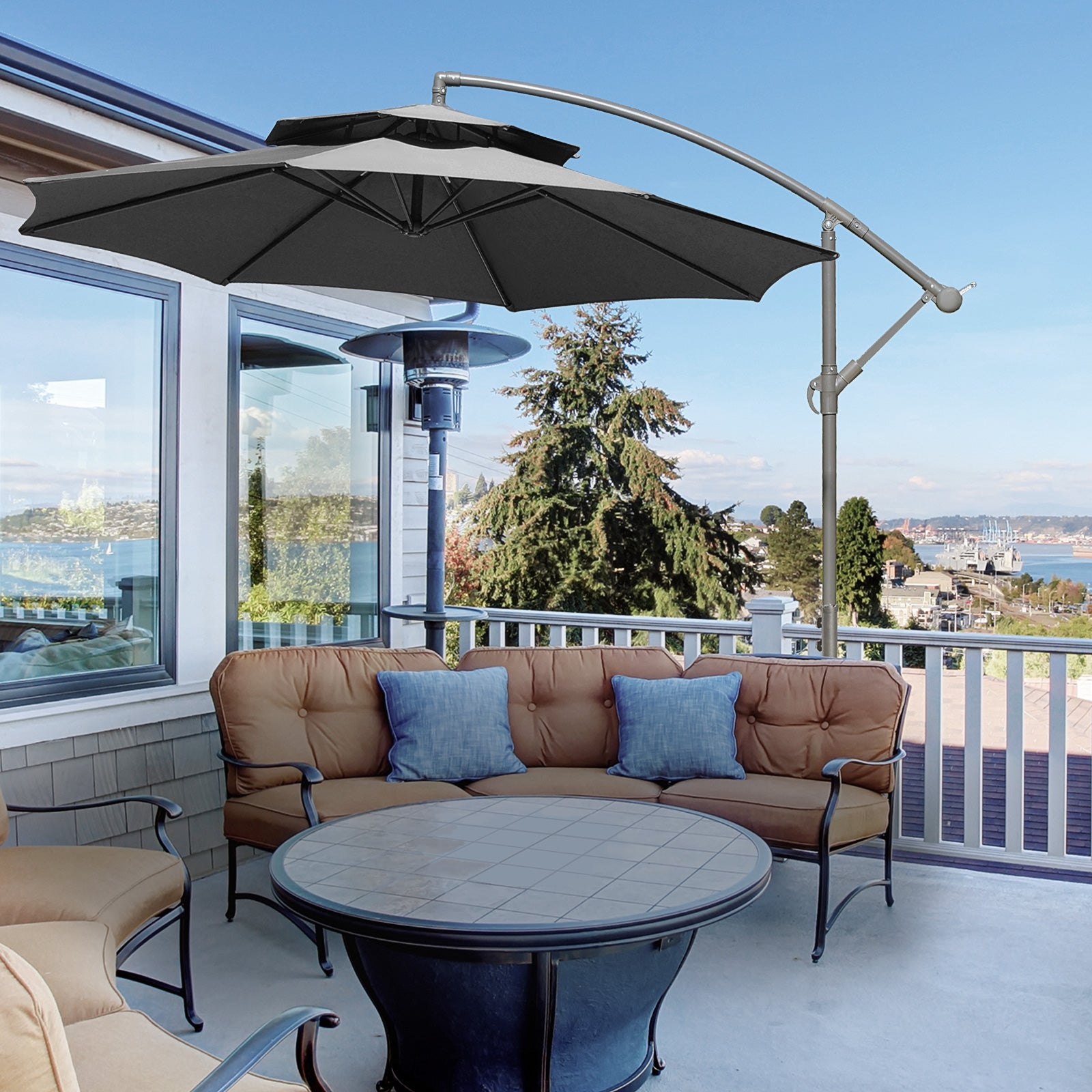 Outsunny 2.7m Garden Banana Parasol Cantilever Umbrella with Crank Handle, Double Tier Canopy and Cross Base for Outdoor, Hanging Sun Shade, Dark Grey – QuidsIn Superstore