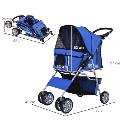 Dog Pushchair for Small Miniature Dogs Cats Foldable Travel Carriage with Wheels Zipper Entry Cup Holder Storage Basket Blue