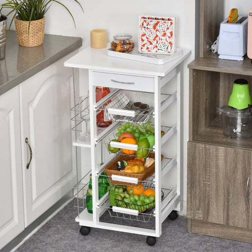 HOMCOM Rolling Kitchen Cart, Utility Storage Cart with 4 Basket Drawers & Side Racks, Wheels for Dining Room, White