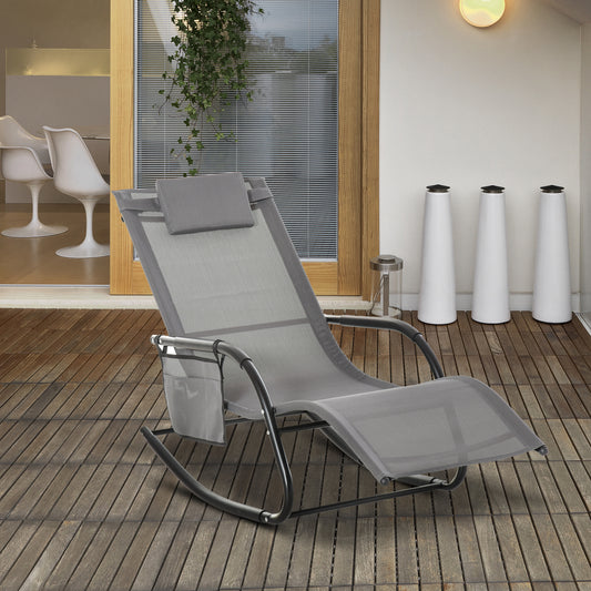 Breathable Mesh Rocking Chair Patio Rocker Lounge for Indoor & Outdoor Recliner Seat w/ Removable Headrest for Garden and Patio Grey