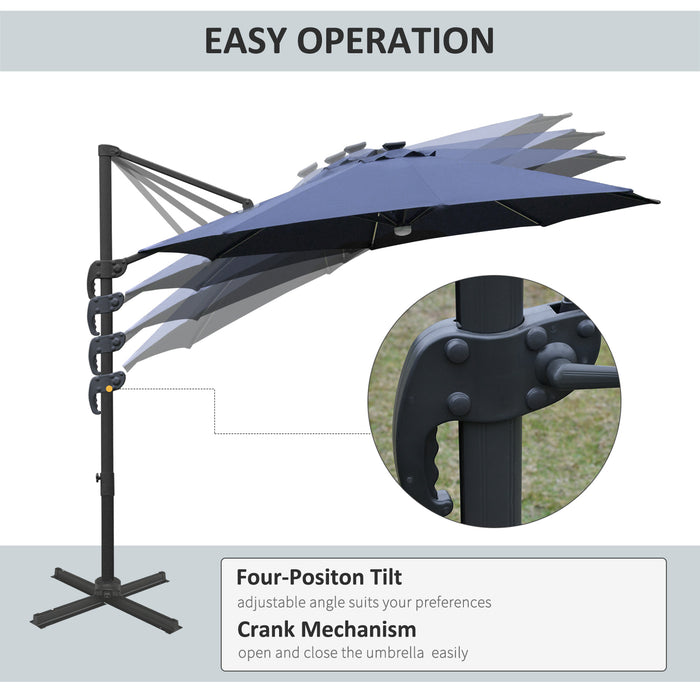 3(m) Cantilever Roma Parasol Garden Sun Umbrella Outdoor Patio with LED Solar Light Cross Base 360° Rotating, Blue