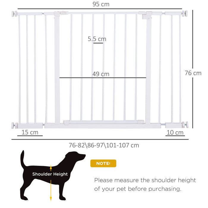 Dog Gate Pet Safety Gate Stair Barrier Pressure Fit Adjustable 76-82/86-97/101-107 cm, White