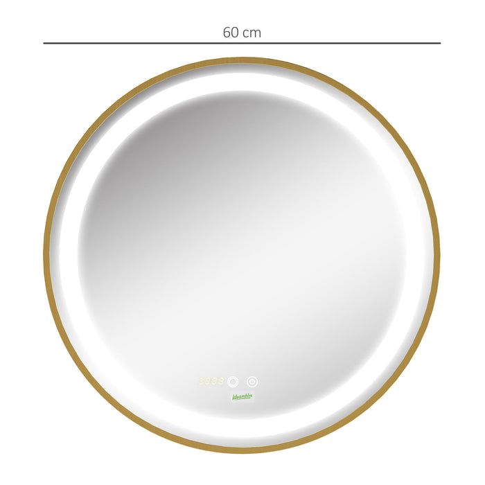 kleankin Round Illuminated Bathroom Mirrors Dimmable LED Lighted Wall Mount Mirror w/ 3 Colours, Time Display, Memory Function, 60cm