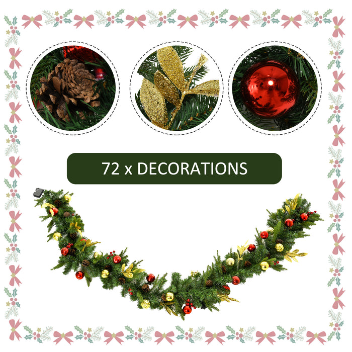 9ft Non-Lit Garland for Christmas Decorations Green Holiday Decor Artificial Greenery with Pine Cones, Colorful Balls, Leaves