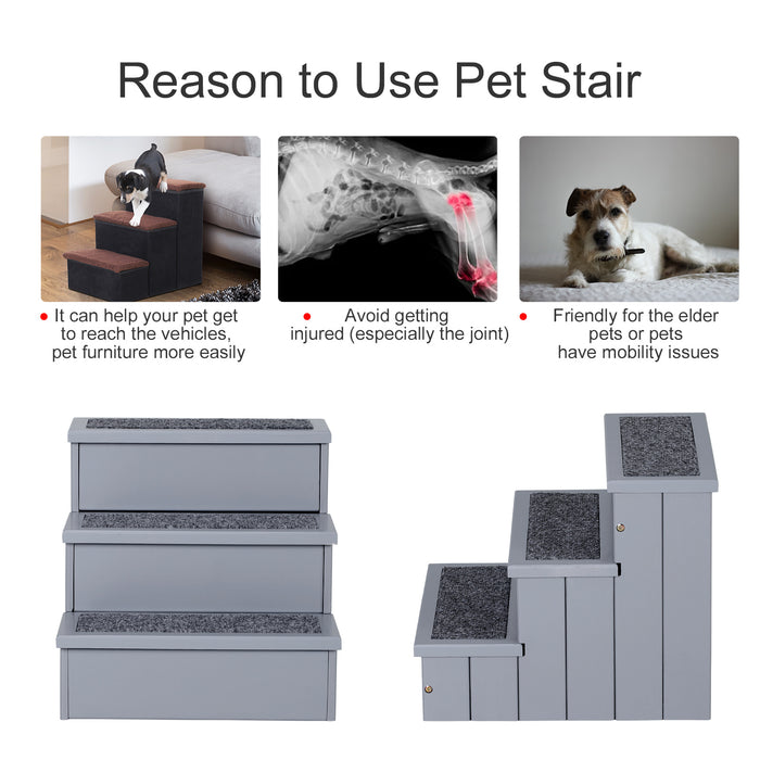 3 Step Wooden Dog Steps Pet Stairs for Dogs, Cat Ladder for Bed Couch with Storage Grey