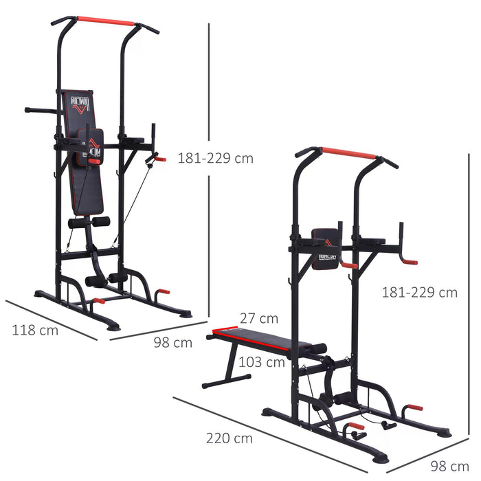 Multifunction Power Tower Home Workout Dip Station w/ Sit-up Bench Push-up Bars and Tension Ropes Fitness Equipment Office Gym Training