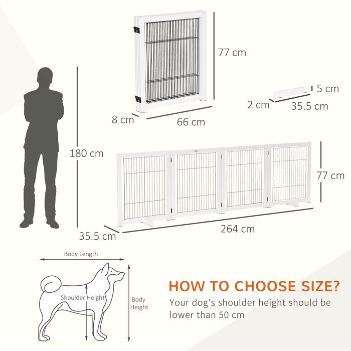 Freestanding Pet Gate 4 Panel Wooden Dog Barrier Foldable Safety Fence with Support Feet 264cm Long 77cm Tall for Doorway Stairs White