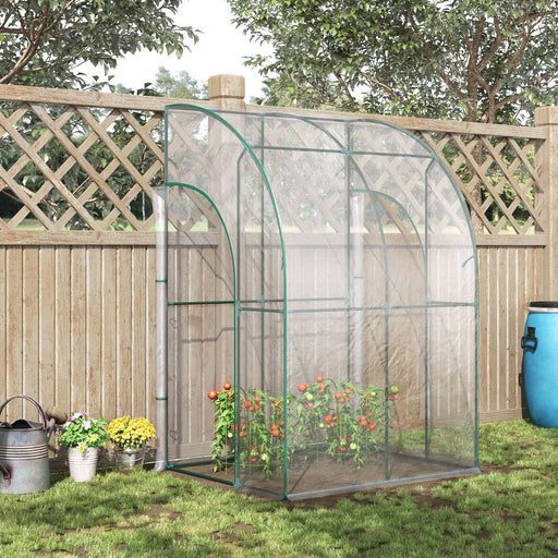 Outsunny Outdoor Walk-In Lean to Wall Tunnel Greenhouse with Zippered Roll Up Door PVC Cover Sloping Top, Clear, Green 143cm x 118cm x 212cm