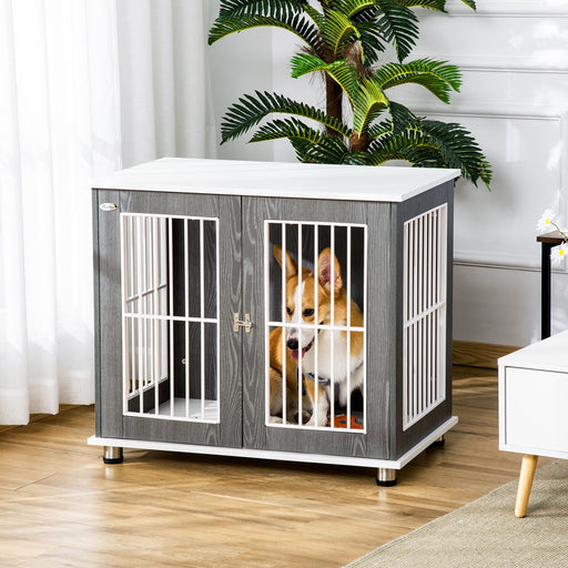 Dog Crate Wooden Pet Kennel Cage End Table w/ Lockable Door for Small Medium Dog Grey & White 85 x 55 x 75 cm