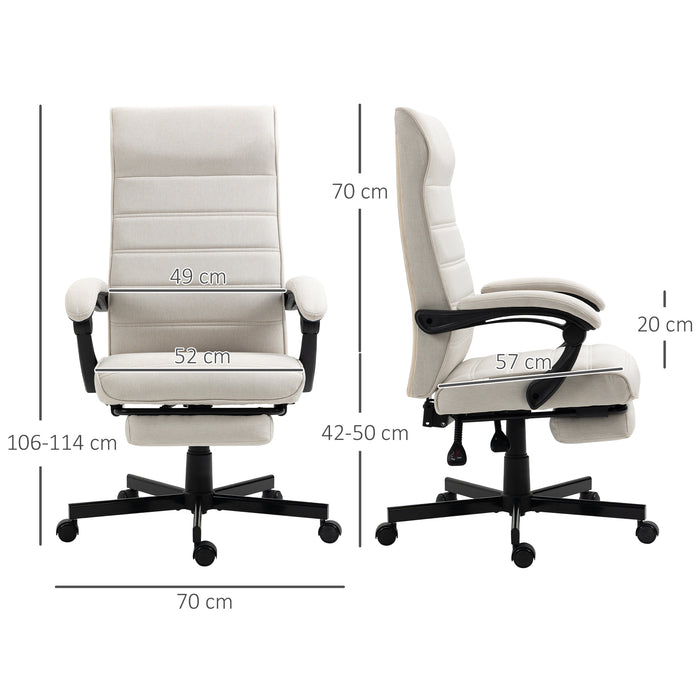 High-Back Home Office Chair, Linen Swivel Reclining Chair with Adjustable Height, Footrest and Padded Armrest for Living Room Cream White