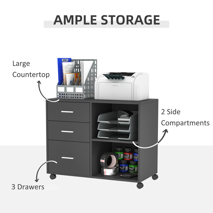 Freestanding Printer Stand Unit with Wheels 3 Drawers & 2 Open Shelves