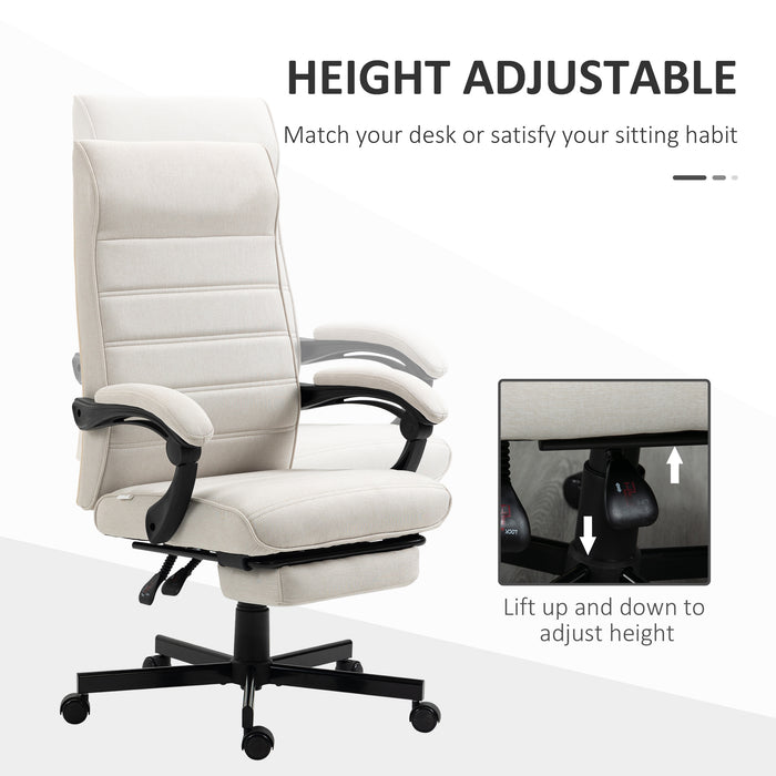 High-Back Home Office Chair, Linen Swivel Reclining Chair with Adjustable Height, Footrest and Padded Armrest for Living Room Cream White