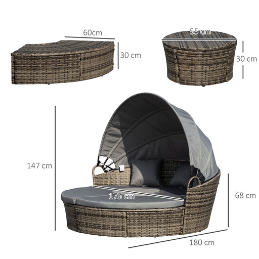 Rattan Garden Furniture Cushioned Wicker Round Sofa Bed with Coffee Table Patio Conversation Furniture Set - Grey