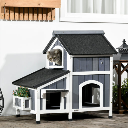 Wooden Outdoor Cat House with Flower Pot, Windows, Multiple Entrances, Water-Resistant Roof - Grey